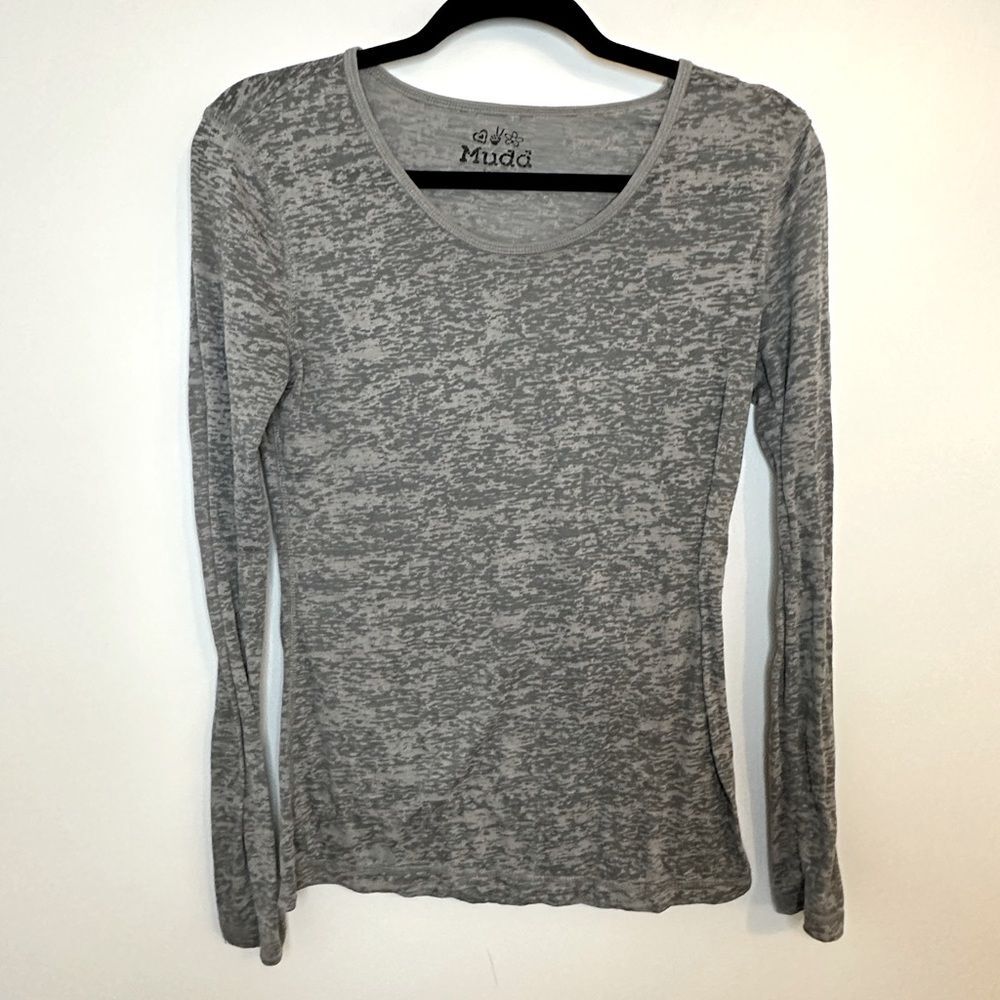 MUDD Grey/Sheer Long Sleeve Scoop Neck Top Size Large